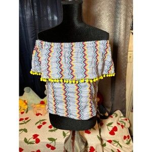 Glamorous off shoulder top with frill detail and pom pom trim